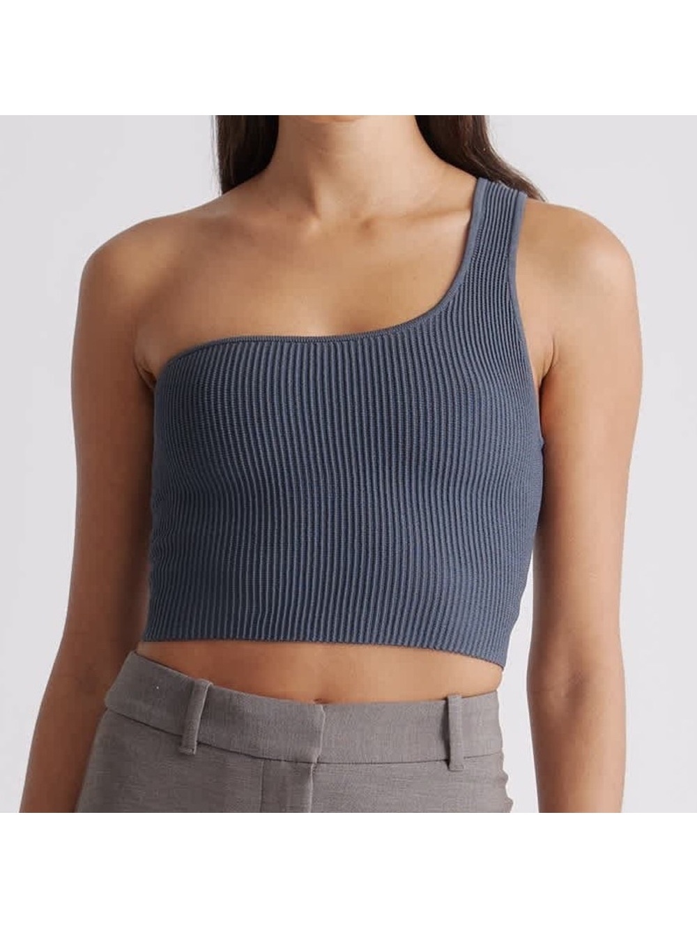 NWT Quince Cropped One-Shoulder Ribbed Knit Tank Gray Blue Women’s XL